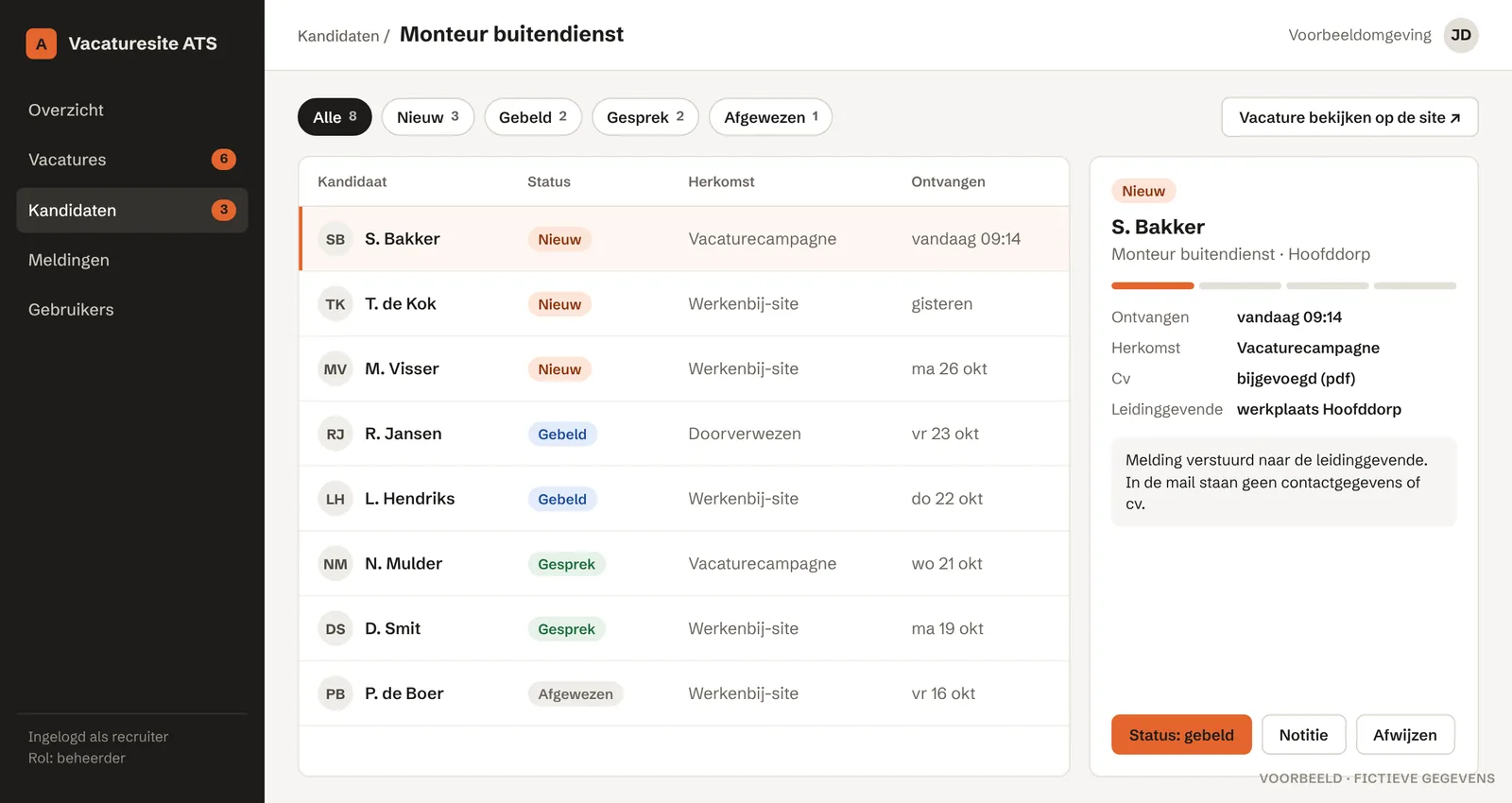 Voorbeeldscherm van een ATS: kandidatenlijst voor de vacature Monteur buitendienst met statussen Nieuw, Gebeld, Gesprek en Afgewezen, en rechts de details van een nieuwe kandidaat.
