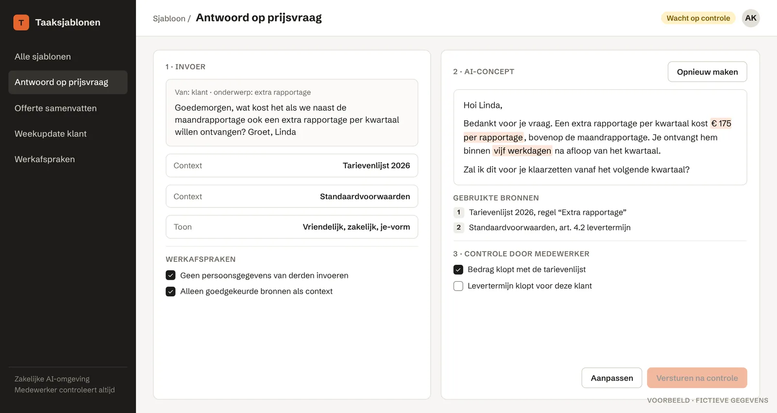 Voorbeeldscherm van een taaksjabloon: links een klantvraag met context en werkafspraken, rechts een AI-antwoordconcept met bronnen en een controlelijst voor de medewerker.